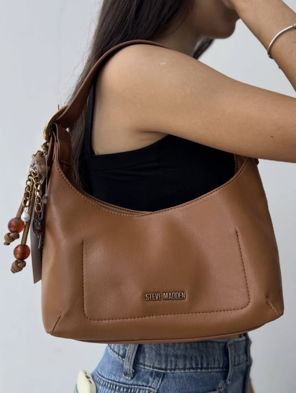 Steve Madden Brown Shoulder Handbag with Beaded Charm